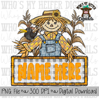 Cute Scarecrow with Sunflower PNG Hand Drawn Scarecrow & Crow with Name Block Sublimation PNG Girl Fall Shirt Design Thanksgiving Doodle Art