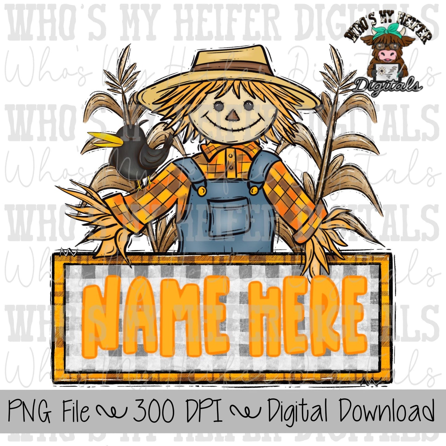 Scarecrow with Straw Hat PNG Hand Drawn Scarecrow & Crow with Name Block Sublimation PNG Boy Fall Shirt Designs Thanksgiving Doodle Art