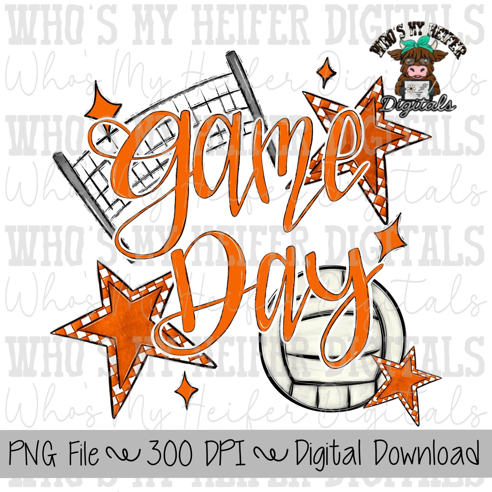 Game Day Volleyball PNG Hand Drawn Volleyball & Volleyball Net Sublimation PNG Retro Game Day Shirt Design Orange Checkered Stars Clipart