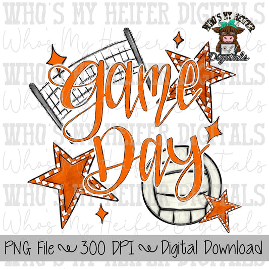 Game Day Volleyball PNG Hand Drawn Volleyball & Volleyball Net Sublimation PNG Retro Game Day Shirt Design Orange Checkered Stars Clipart