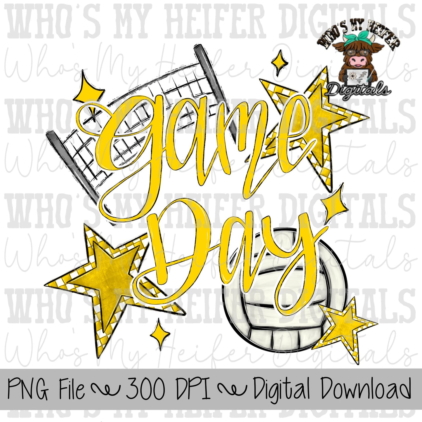 Game Day Volleyball PNG Hand Drawn Volleyball & Volleyball Net Sublimation PNG Retro Game Day Shirt Design Yellow Checkered Stars Clipart