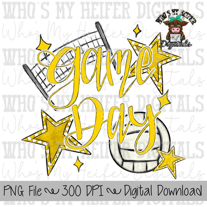 Game Day Volleyball PNG Hand Drawn Volleyball & Volleyball Net Sublimation PNG Retro Game Day Shirt Design Yellow Checkered Stars Clipart