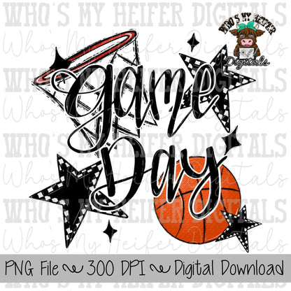 Game Day Basketball PNG Hand Drawn Basketball & Basketball Hoop Sublimation PNG Retro Game Day Shirt Design Black Checkered Stars Clipart