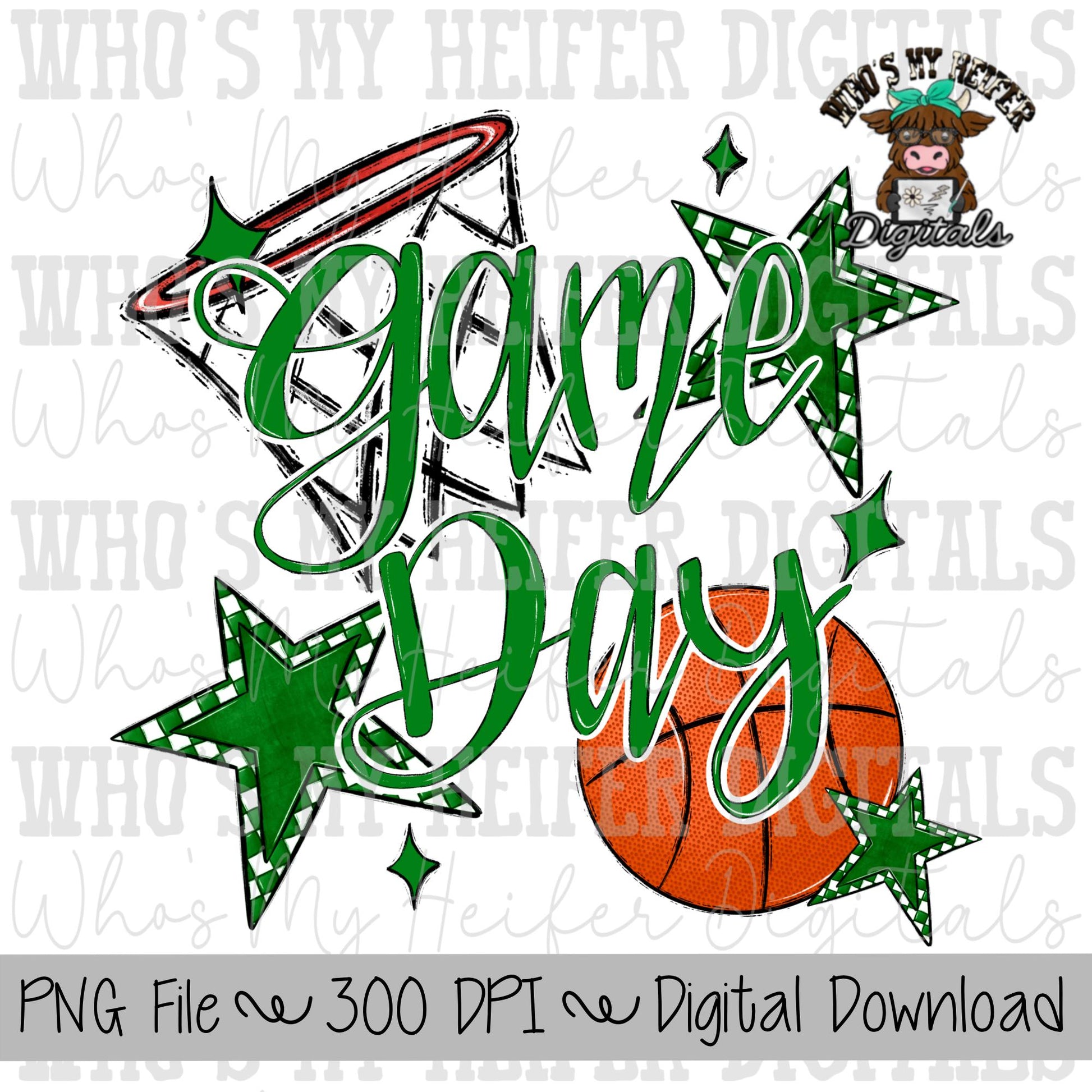Game Day Basketball PNG Hand Drawn Basketball & Basketball Hoop Sublimation PNG Retro Game Day Shirt Design Green Checkered Stars Clipart