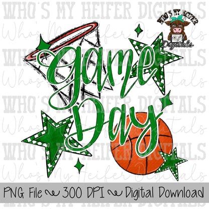 Game Day Basketball PNG Hand Drawn Basketball & Basketball Hoop Sublimation PNG Retro Game Day Shirt Design Green Checkered Stars Clipart