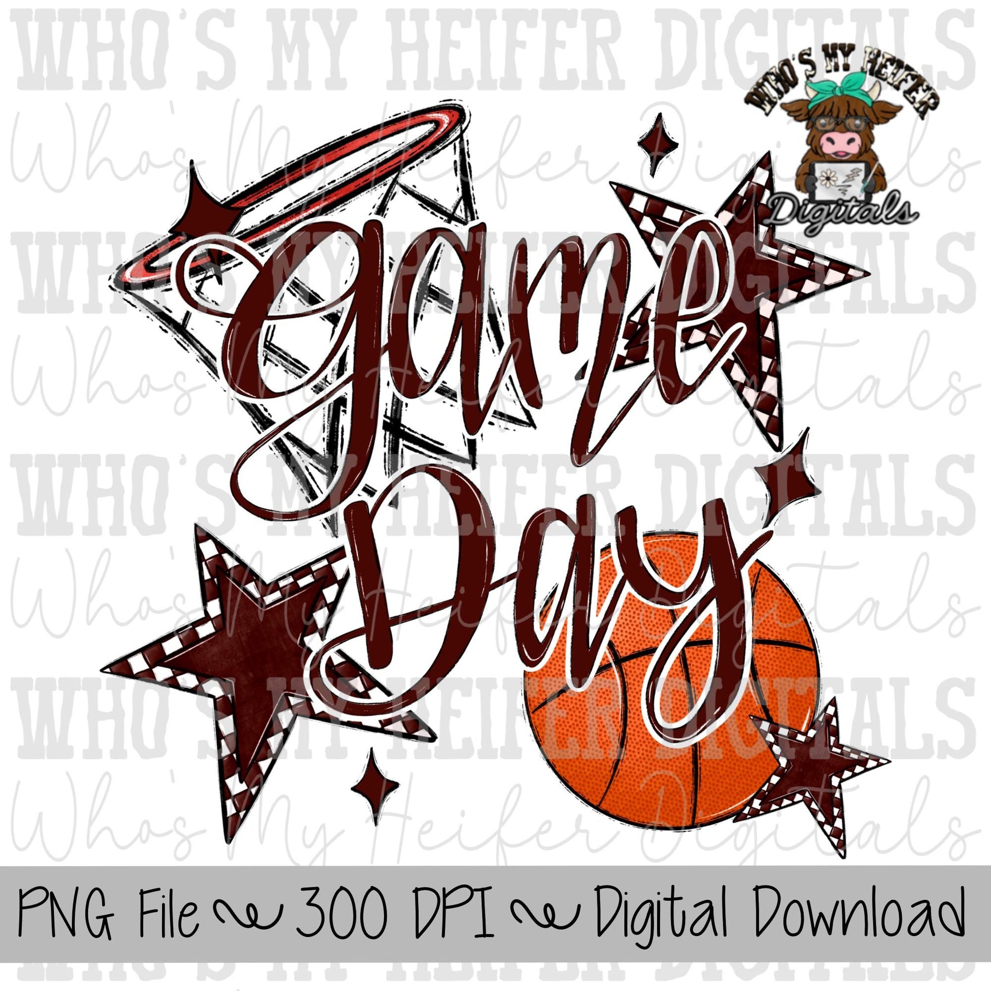 Game Day Basketball PNG Hand Drawn Basketball & Basketball Hoop Sublimation PNG Retro Game Day Shirt Design Maroon Checkered Stars Clipart