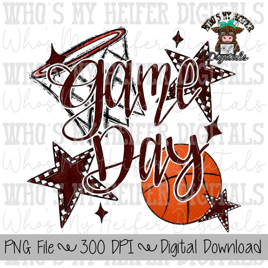 Game Day Basketball PNG Hand Drawn Basketball & Basketball Hoop Sublimation PNG Retro Game Day Shirt Design Maroon Checkered Stars Clipart