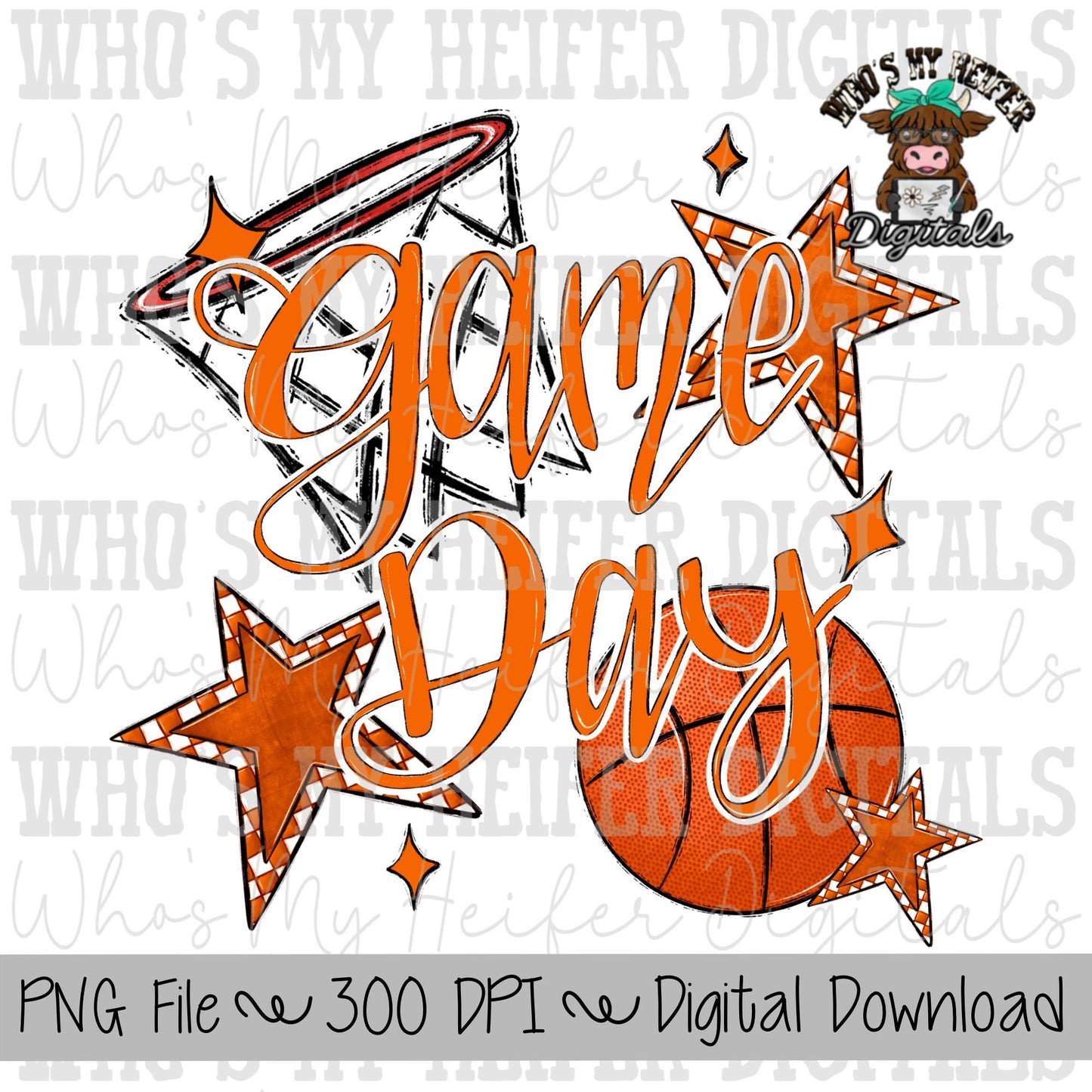 Game Day Basketball PNG Hand Drawn Basketball & Basketball Hoop Sublimation PNG Retro Game Day Shirt Design Orange Checkered Stars Clipart