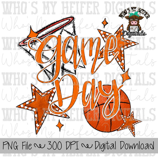Game Day Basketball PNG Hand Drawn Basketball & Basketball Hoop Sublimation PNG Retro Game Day Shirt Design Orange Checkered Stars Clipart