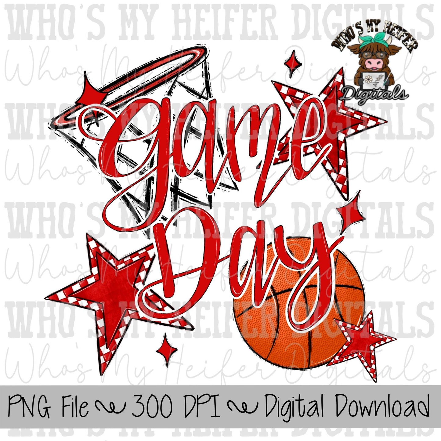 Game Day Basketball PNG Hand Drawn Basketball & Basketball Hoop Sublimation PNG Retro Game Day Shirt Design Red Checkered Stars Clipart