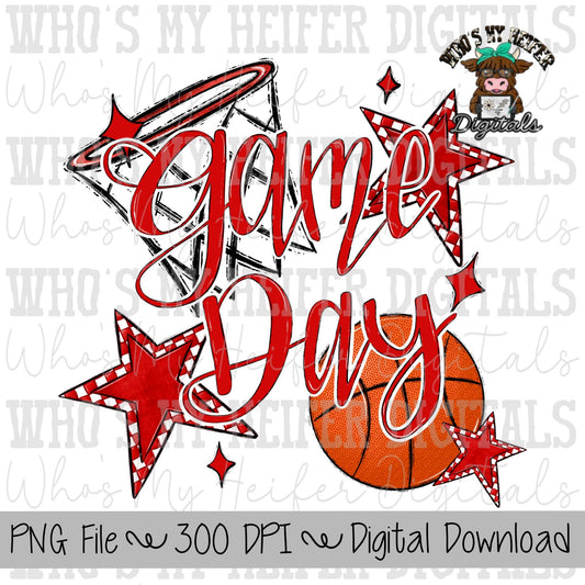 Game Day Basketball PNG Hand Drawn Basketball & Basketball Hoop Sublimation PNG Retro Game Day Shirt Design Red Checkered Stars Clipart