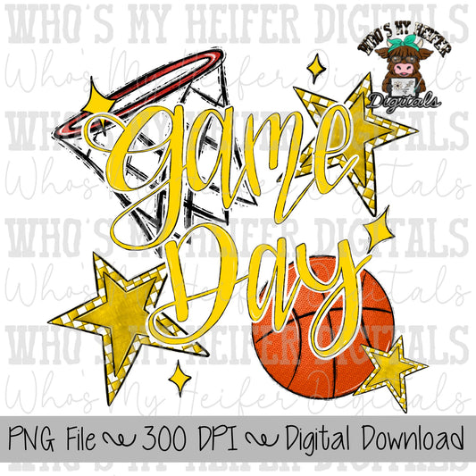Game Day Basketball PNG Hand Drawn Basketball & Basketball Hoop Sublimation PNG Retro Game Day Shirt Design Yellow Checkered Stars Clipart