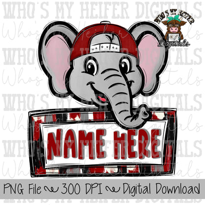 Elephant with Name Plate PNG Hand Drawn Elephant with Hat Sublimation PNG Game Day Shirt Designs School Spirit PNG Checkered Elephant Doodle