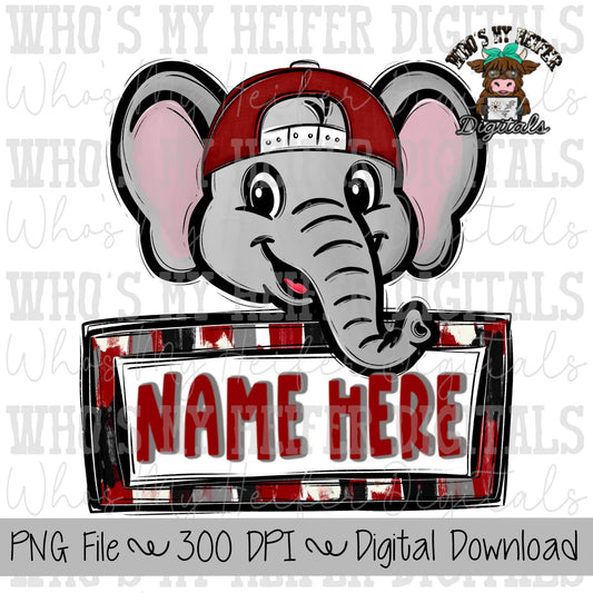 Elephant with Name Plate PNG Hand Drawn Elephant with Hat Sublimation PNG Game Day Shirt Designs School Spirit PNG Checkered Elephant Doodle