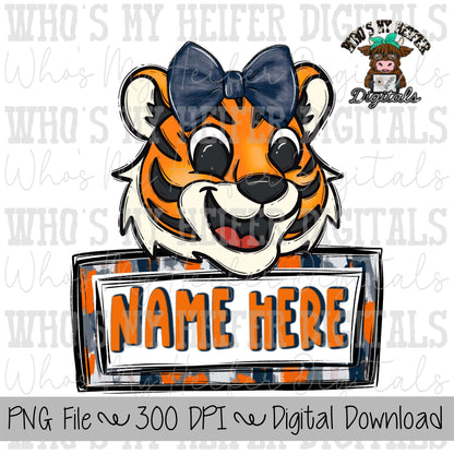 Tiger with Name Block PNG Hand Drawn Tiger with Bow Sublimation PNG Game Day Shirt Design School Spirit PNG Checkered Tiger Digital Download