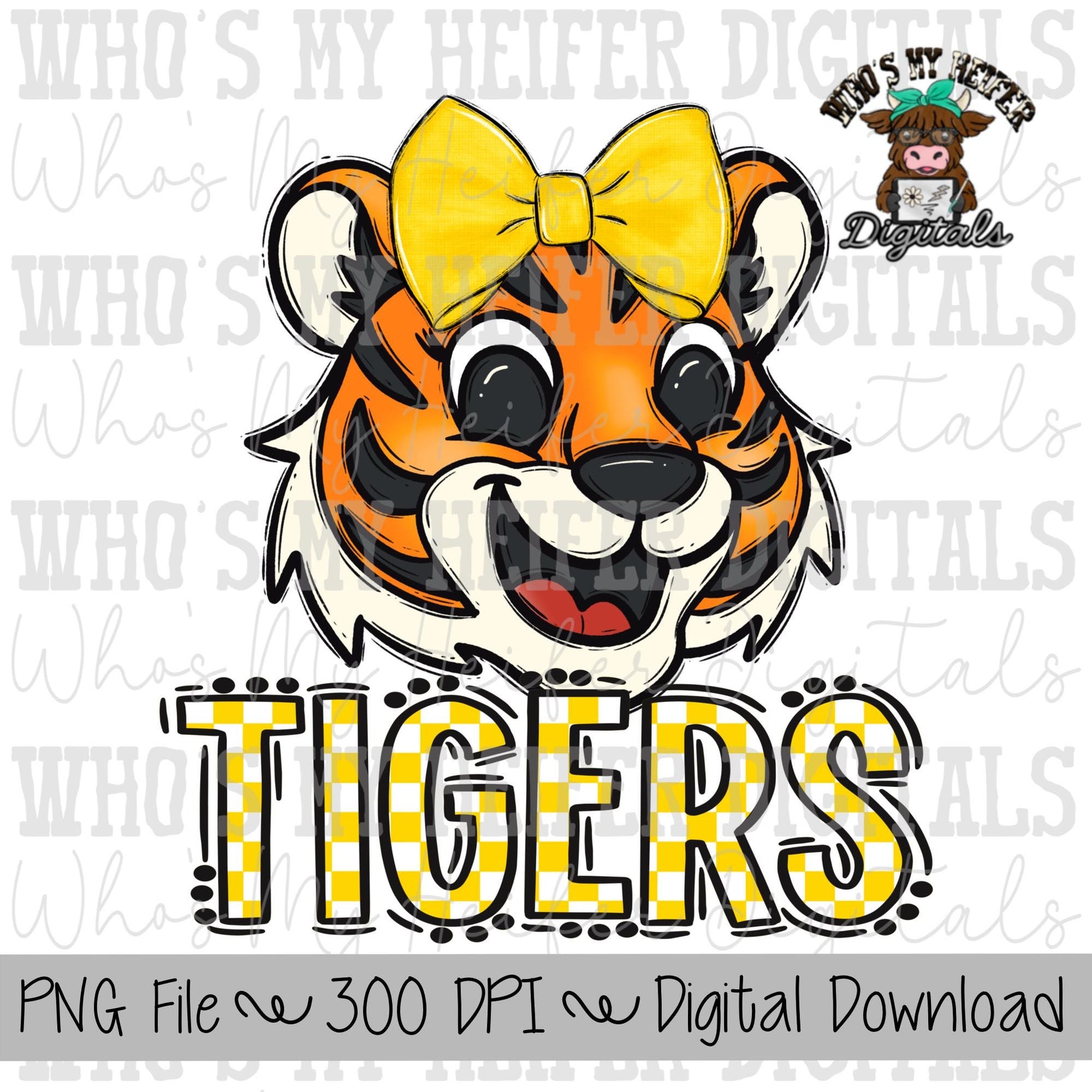 Yellow & White Tiger PNG Hand Drawn Tiger with Bow Sublimation PNG Game Day Shirt Designs School Spirit PNG Checkered Tiger Digital Download