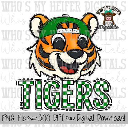 Green & White Tiger PNG Hand Drawn Tiger with Hat Sublimation PNG Game Day Shirt Designs School Spirit PNG Checkered Tiger Digital Download