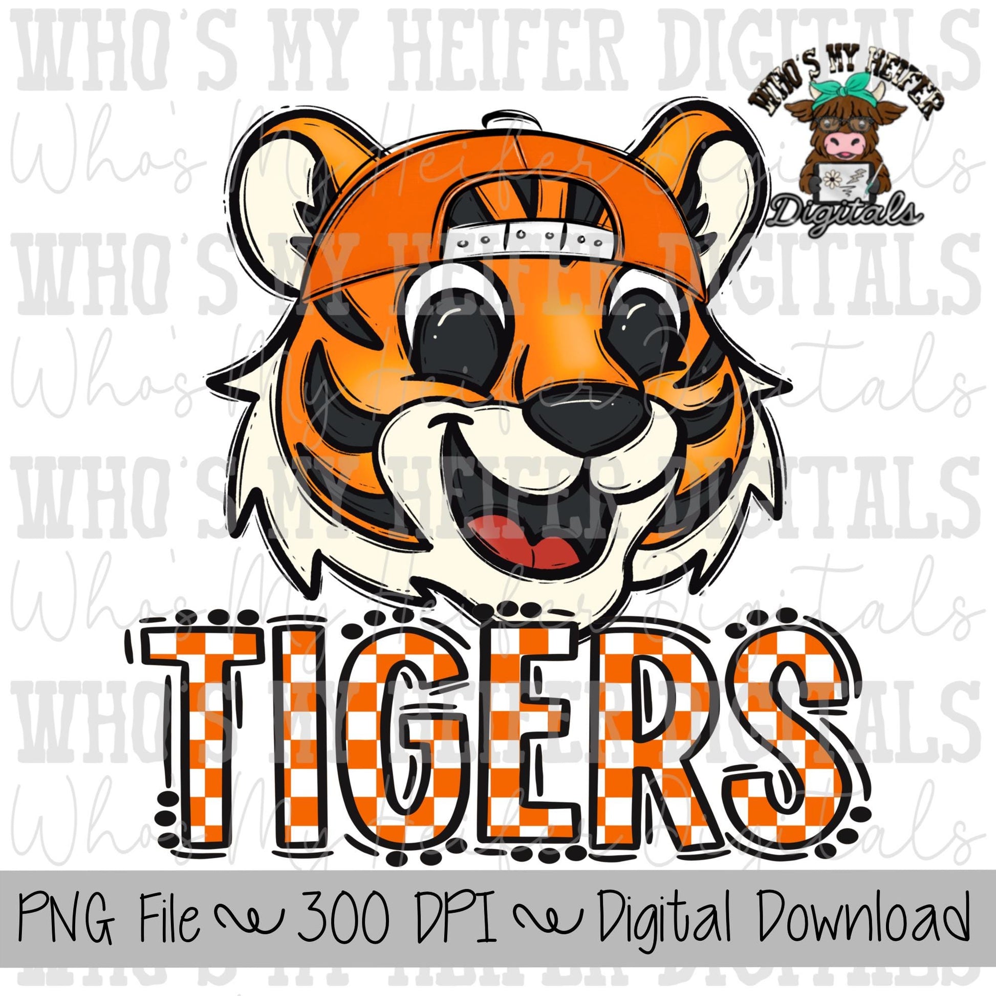Orange & White Tiger PNG Hand Drawn Tiger with Hat Sublimation PNG Game Day Shirt Designs School Spirit PNG Checkered Tiger Digital Download