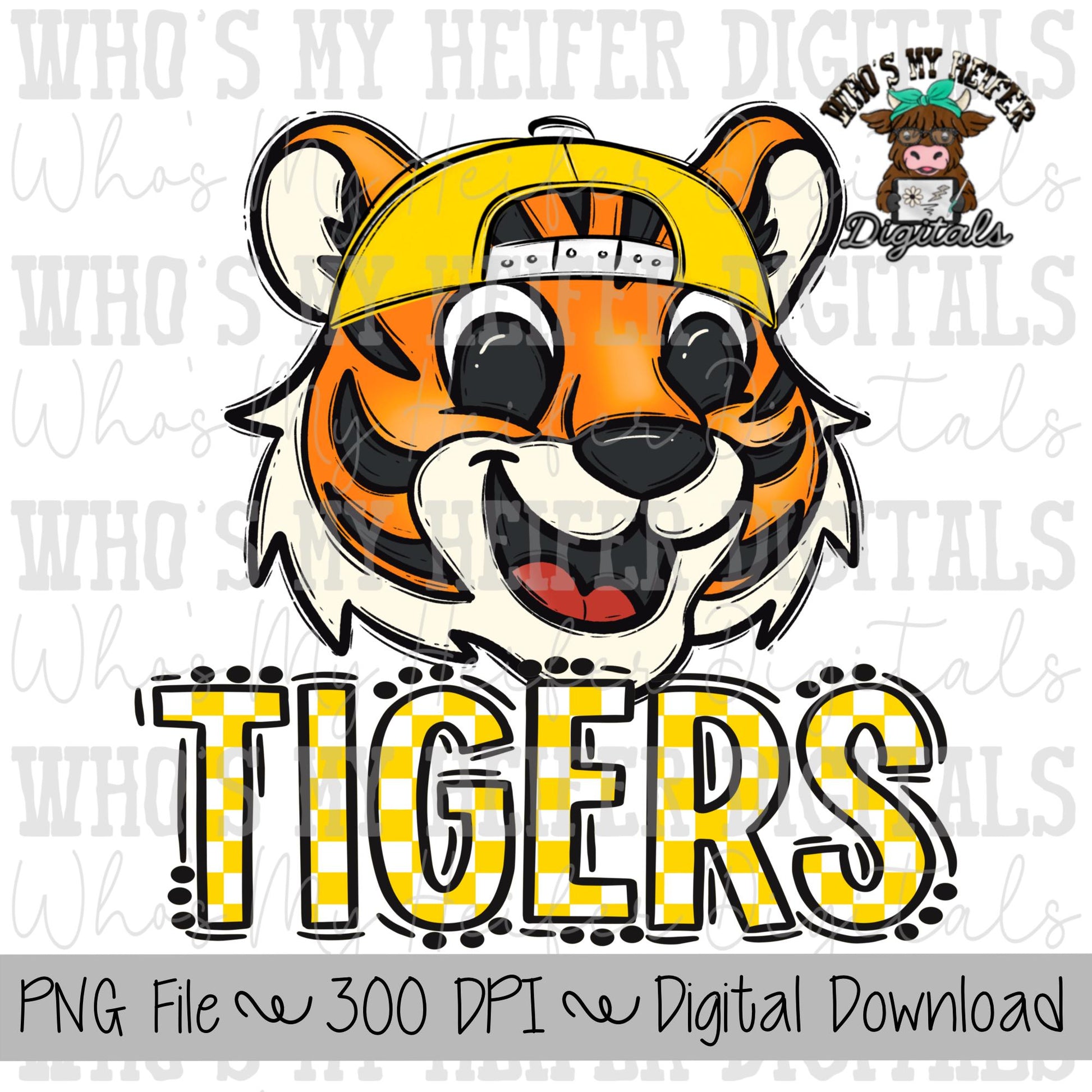 Yellow & White Tiger PNG Hand Drawn Tiger with Hat Sublimation PNG Game Day Shirt Designs School Spirit PNG Checkered Tiger Digital Download