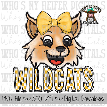 Gold & White Wildcat PNG Hand Drawn Wildcat with Bow Sublimation PNG Game Day Shirt Designs School Spirit PNG Checkered Wildcats Doodle Art