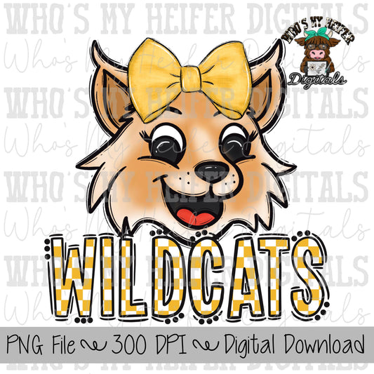 Gold & White Wildcat PNG Hand Drawn Wildcat with Bow Sublimation PNG Game Day Shirt Designs School Spirit PNG Checkered Wildcats Doodle Art