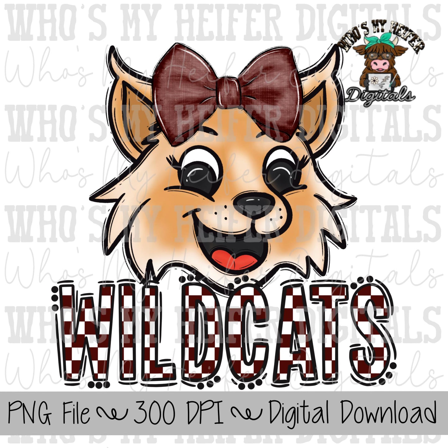 Maroon & White Wildcat PNG Hand Drawn Wildcat with Bow Sublimation PNG Game Day Shirt Design School Spirit PNG Checkered Wildcats Doodle Art