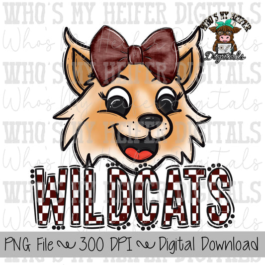 Maroon & White Wildcat PNG Hand Drawn Wildcat with Bow Sublimation PNG Game Day Shirt Design School Spirit PNG Checkered Wildcats Doodle Art