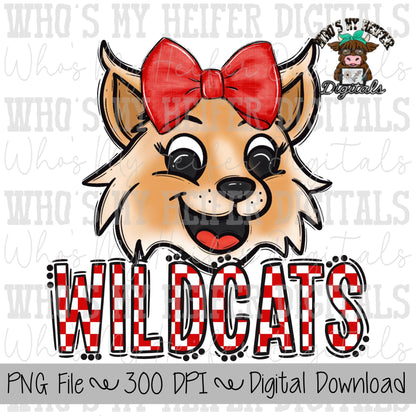 Red & White Wildcat PNG Hand Drawn Wildcat with Bow Sublimation PNG Game Day Shirt Designs School Spirit PNG Checkered Wildcats Doodle Art