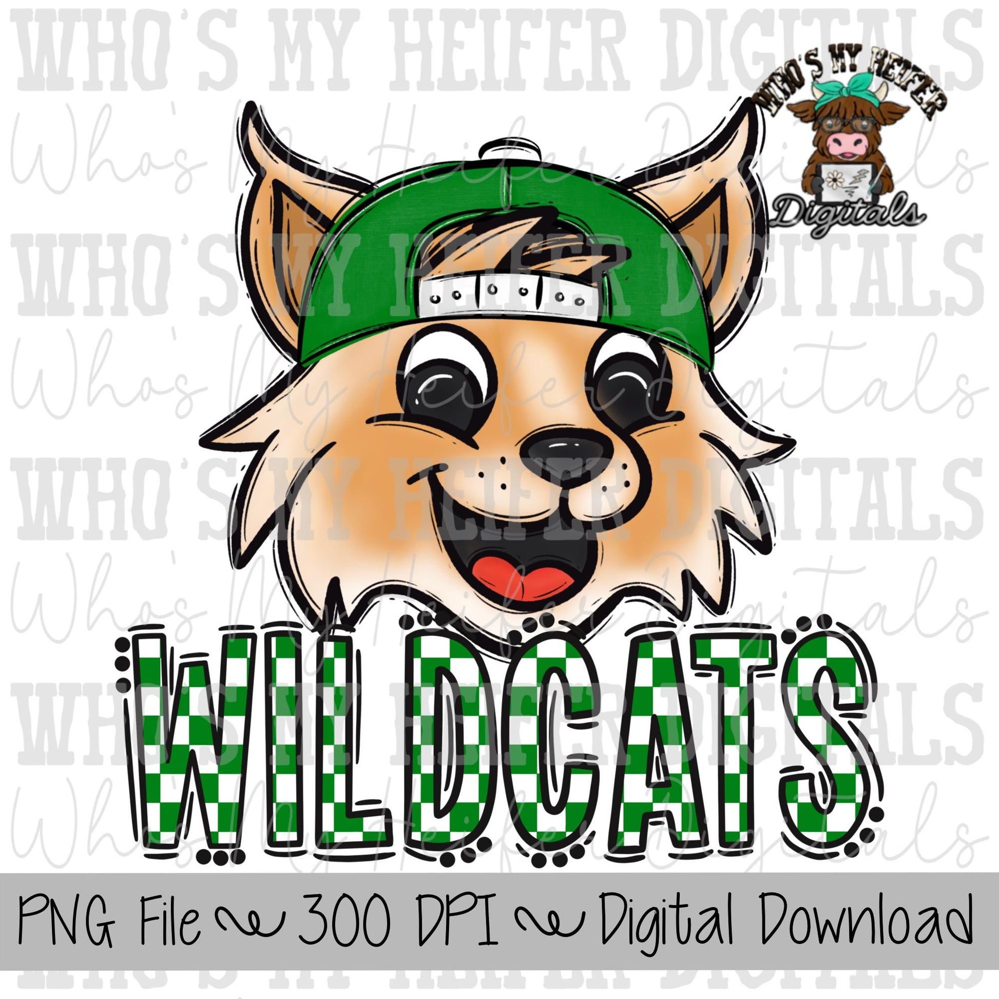 Green & White Wildcat PNG Hand Drawn Wildcat with Hat Sublimation PNG Game Day Shirt Design School Spirit PNG Checkered Wildcats Doodle Art