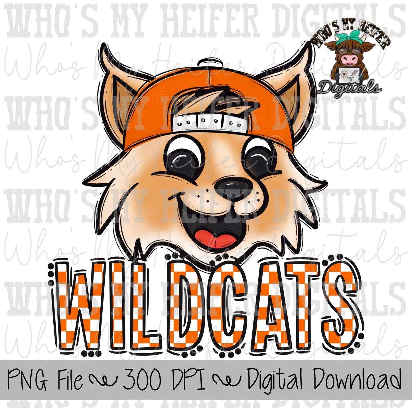Orange & White Wildcat PNG Hand Drawn Wildcat with Hat Sublimation PNG Game Day Shirt Design School Spirit PNG Checkered Wildcats Doodle Art
