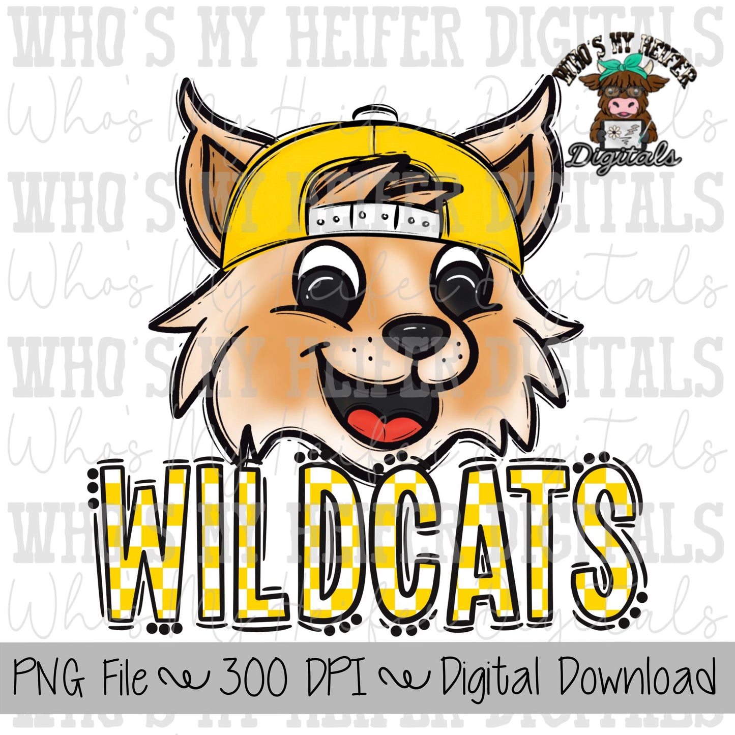 Yellow & White Wildcat PNG Hand Drawn Wildcat with Hat Sublimation PNG Game Day Shirt Design School Spirit PNG Checkered Wildcats Doodle Art