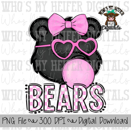 Bubble Gum Bears PNG Hand Drawn Bear with Bow Sublimation PNG Game Day Shirt Designs School Spirit PNG Checkered Bear Digital Download