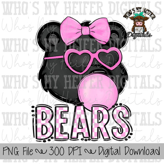 Bubble Gum Bears PNG Hand Drawn Bear with Bow Sublimation PNG Game Day Shirt Designs School Spirit PNG Checkered Bear Digital Download
