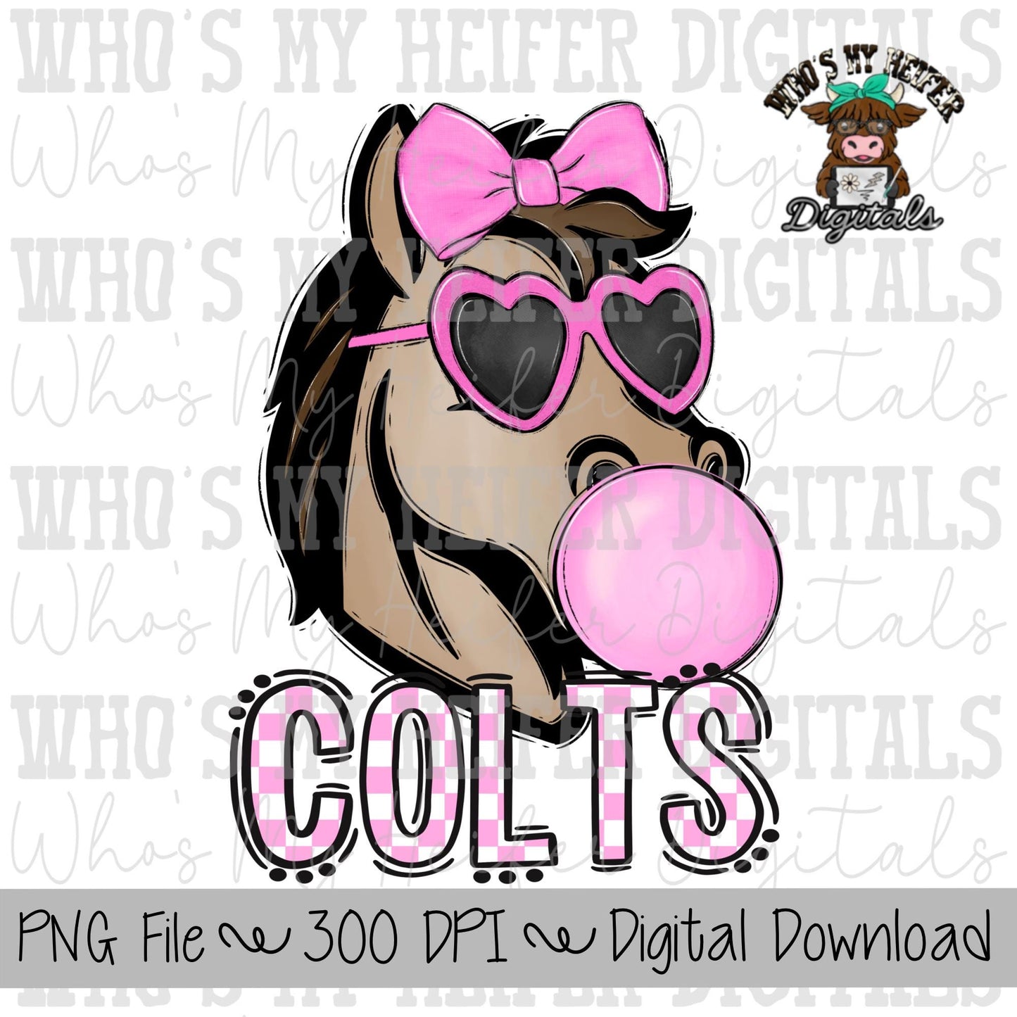Bubble Gum Colts PNG Hand Drawn Colt with Bow Sublimation PNG Game Day Shirt Designs School Spirit PNG Checkered Colt Doodle Art