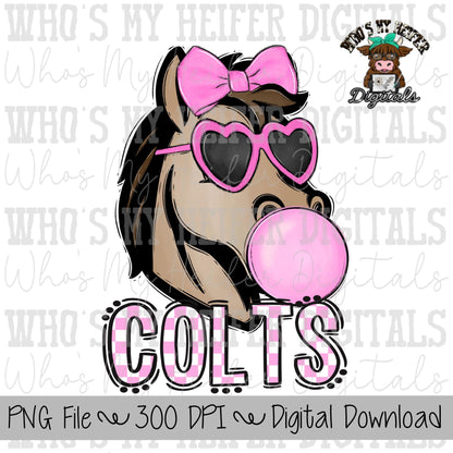 Bubble Gum Colts PNG Hand Drawn Colt with Bow Sublimation PNG Game Day Shirt Designs School Spirit PNG Checkered Colt Doodle Art