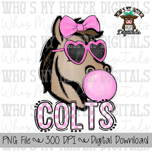 Bubble Gum Colts PNG Hand Drawn Colt with Bow Sublimation PNG Game Day Shirt Designs School Spirit PNG Checkered Colt Doodle Art