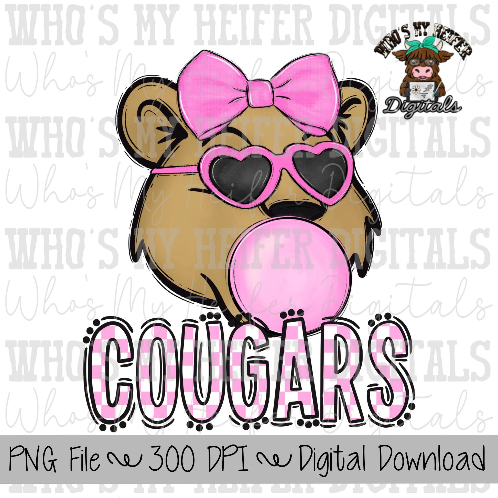 Bubble Gum Cougar PNG Hand Drawn Cougar with Bow Sublimation PNG Game Day Shirt Designs School Spirit PNG Checkered Cougar Doodle Art