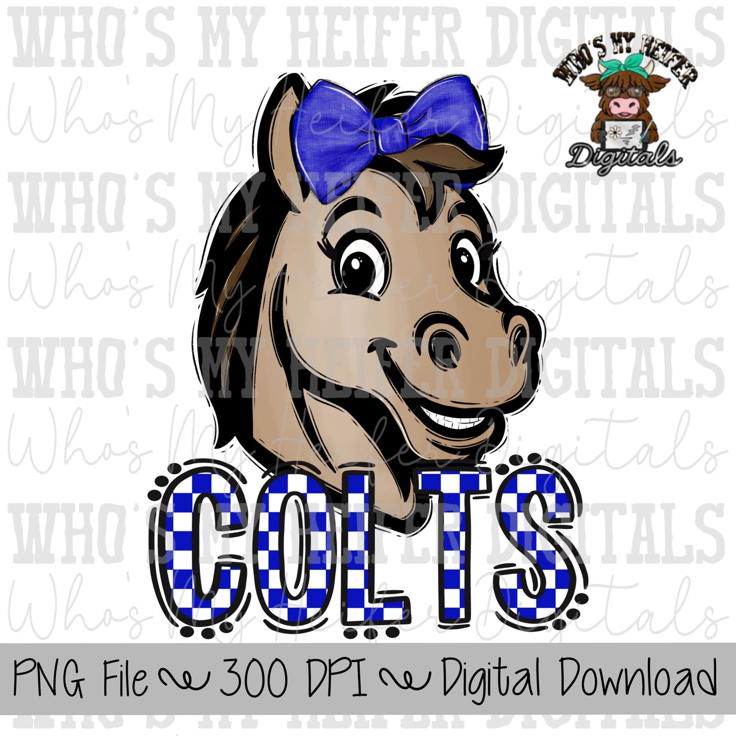 Blue & White Colts PNG Hand Drawn Colt with Bow Sublimation PNG Game Day Shirt Designs School Spirit PNG Checkered Colt Doodle Art
