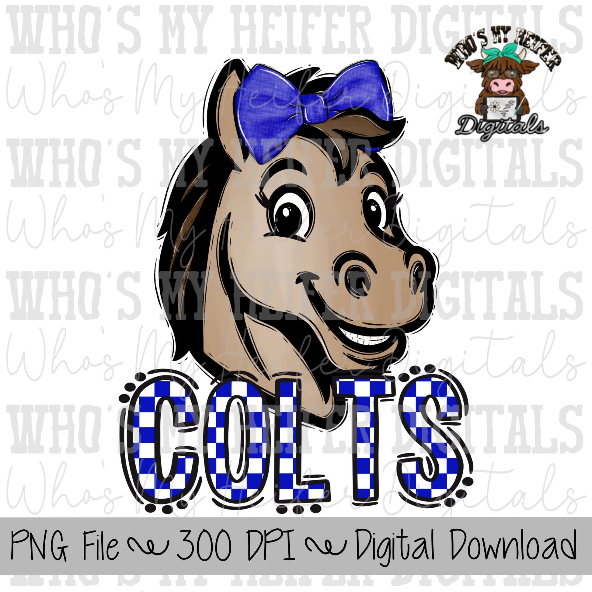 Blue & White Colts PNG Hand Drawn Colt with Bow Sublimation PNG Game Day Shirt Designs School Spirit PNG Checkered Colt Doodle Art