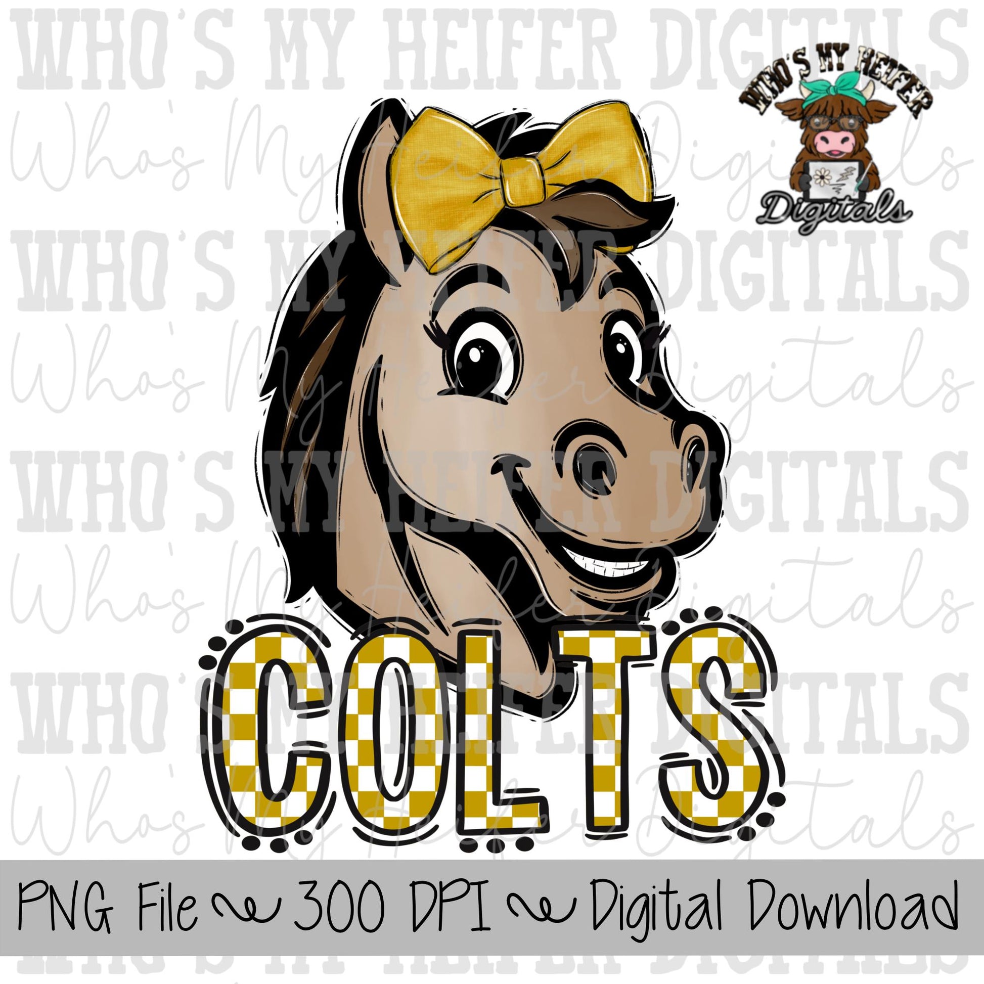 Gold & White Colts PNG Hand Drawn Colt with Bow Sublimation PNG Game Day Shirt Designs School Spirit PNG Checkered Colt Doodle Art