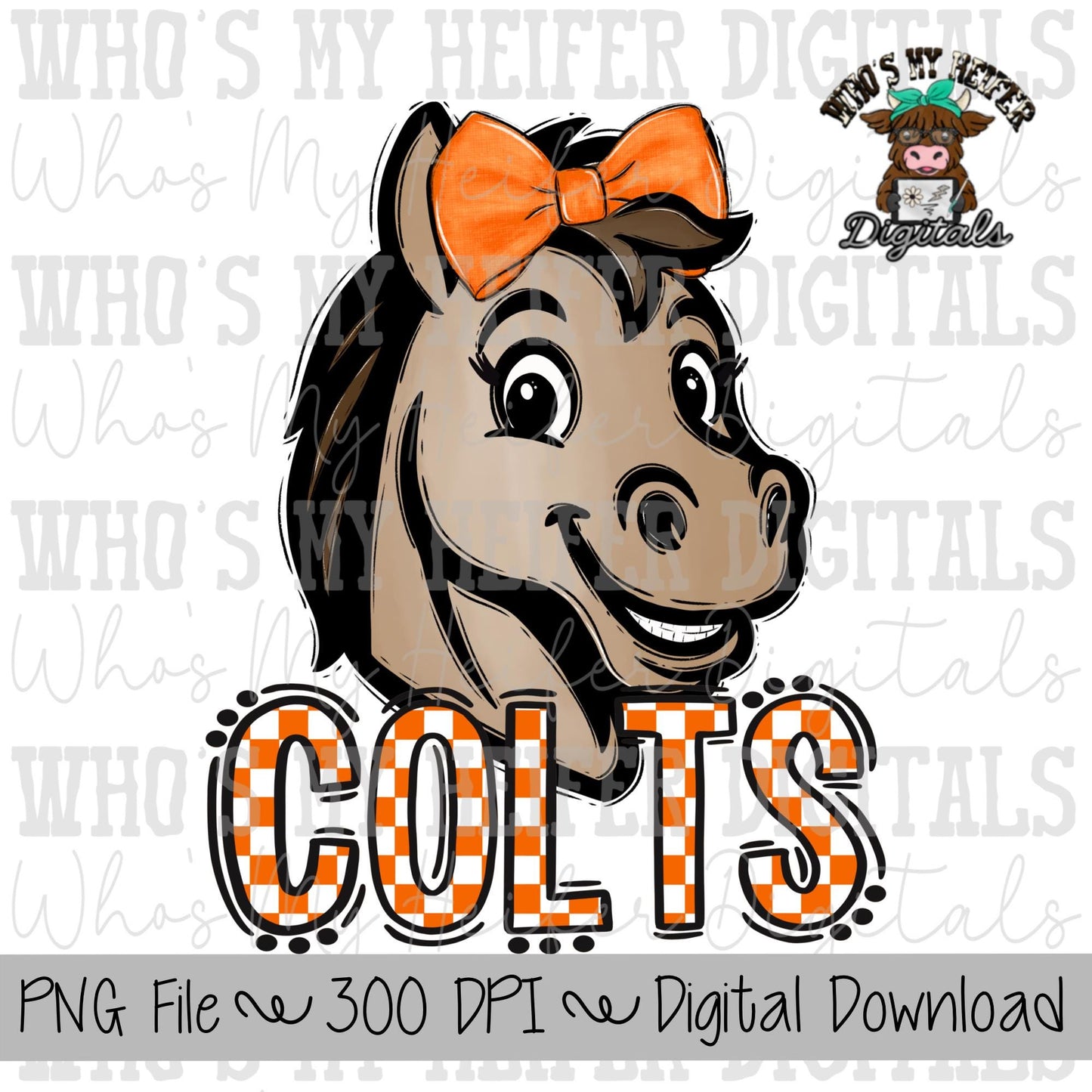 Orange & White Colts PNG Hand Drawn Colt with Bow Sublimation PNG Game Day Shirt Designs School Spirit PNG Checkered Colt Doodle Art