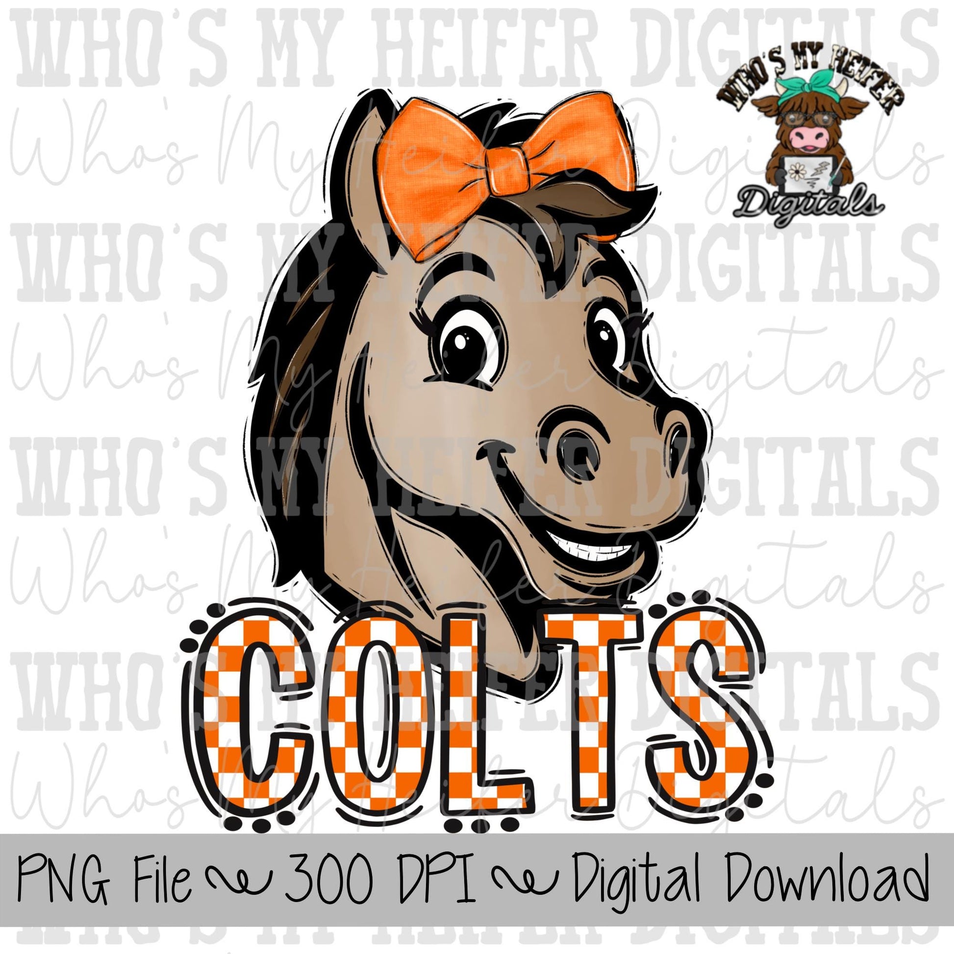 Orange & White Colts PNG Hand Drawn Colt with Bow Sublimation PNG Game Day Shirt Designs School Spirit PNG Checkered Colt Doodle Art
