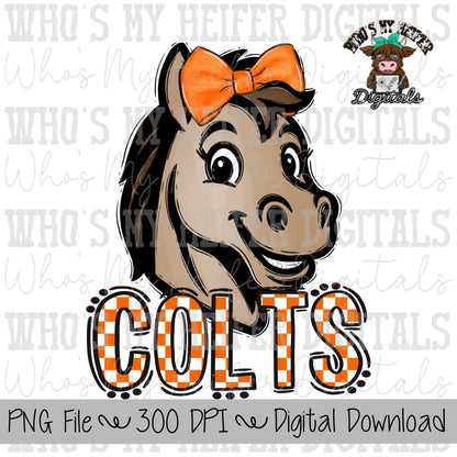 Orange & White Colts PNG Hand Drawn Colt with Bow Sublimation PNG Game Day Shirt Designs School Spirit PNG Checkered Colt Doodle Art