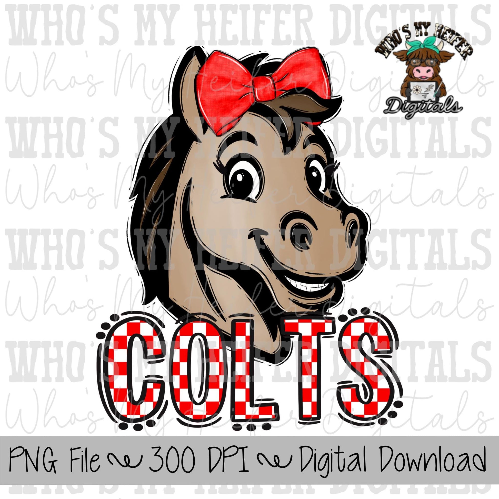 Red & White Colts PNG Hand Drawn Colt with Bow Sublimation PNG Game Day Shirt Designs School Spirit PNG Checkered Colt Doodle Art