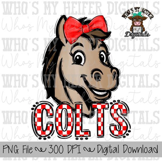 Red & White Colts PNG Hand Drawn Colt with Bow Sublimation PNG Game Day Shirt Designs School Spirit PNG Checkered Colt Doodle Art