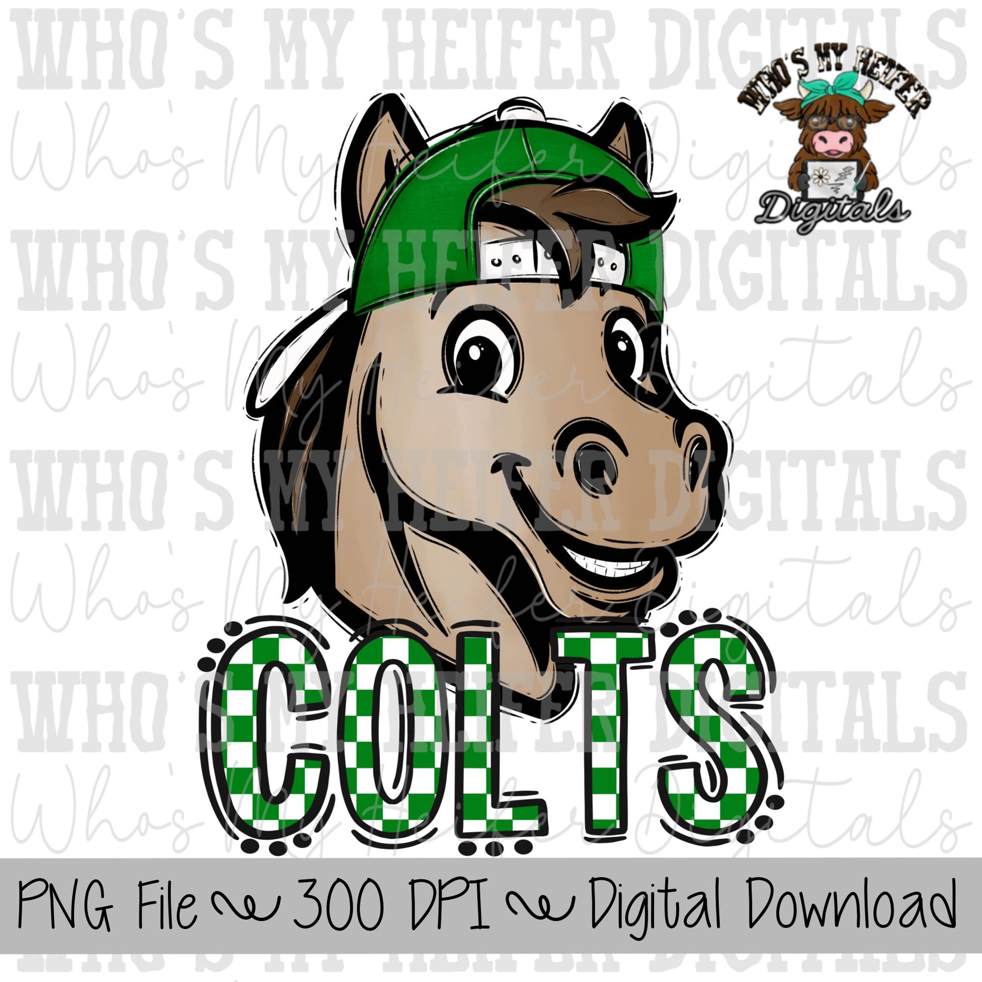 Green & White Colts PNG Hand Drawn Colt with Hat Sublimation PNG Game Day Shirt Designs School Spirit PNG Checkered Colt Doodle Art