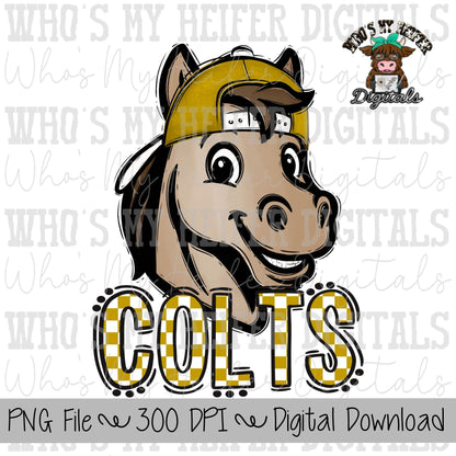Gold & White Colts PNG Hand Drawn Colt with Hat Sublimation PNG Game Day Shirt Designs School Spirit PNG Checkered Colt Doodle Art