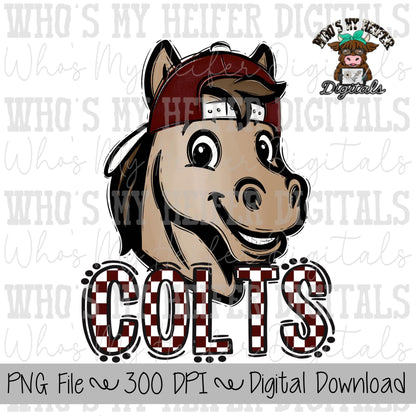 Maroon & White Colts PNG Hand Drawn Colt with Hat Sublimation PNG Game Day Shirt Designs School Spirit PNG Checkered Colt Doodle Art