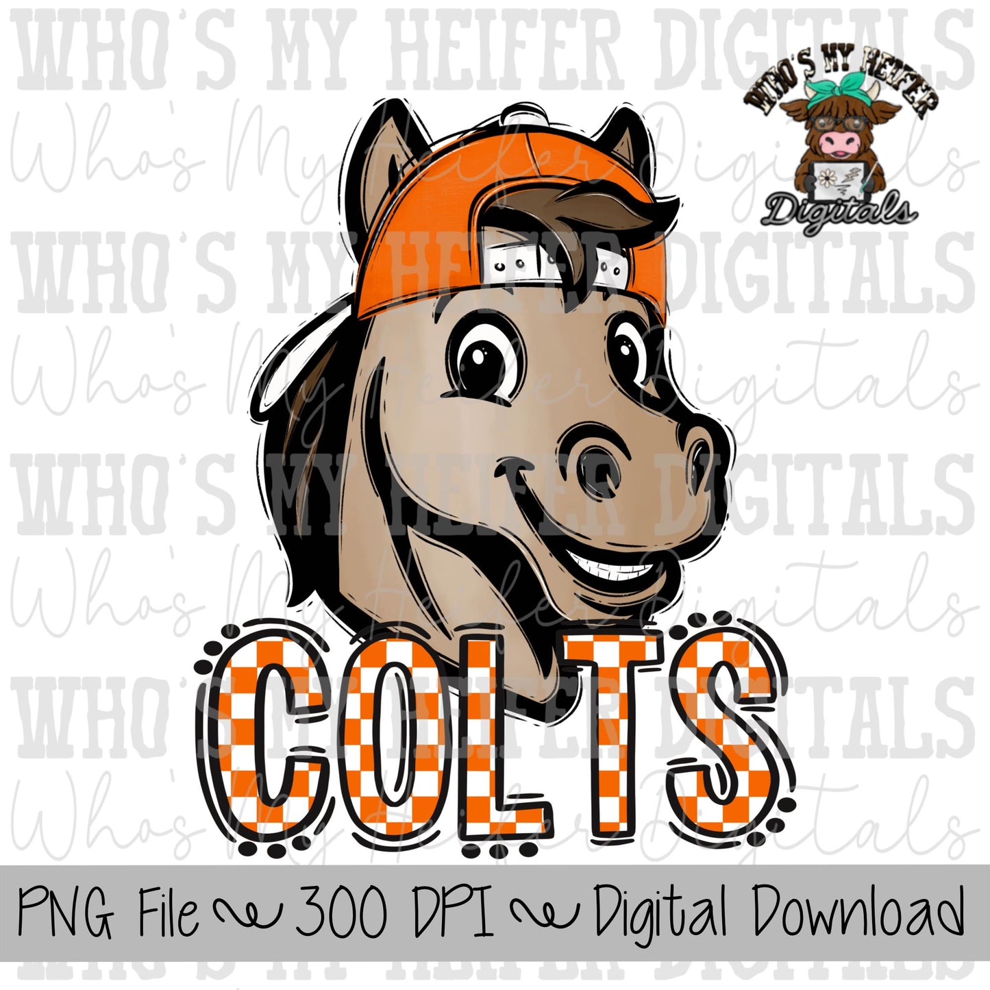 Orange & White Colts PNG Hand Drawn Colt with Hat Sublimation PNG Game Day Shirt Designs School Spirit PNG Checkered Colt Doodle Art