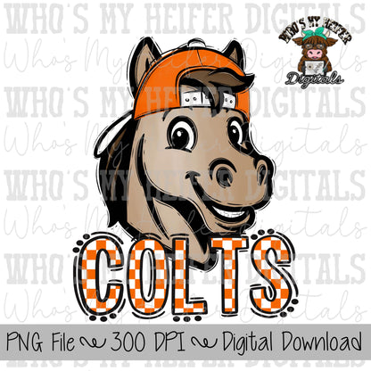 Orange & White Colts PNG Hand Drawn Colt with Hat Sublimation PNG Game Day Shirt Designs School Spirit PNG Checkered Colt Doodle Art